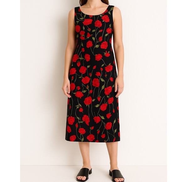 Vintage 90s Black Red Rose Sleeveless Maxi Dress Medium Whimsigoth Fairygoth - Picture 1 of 9